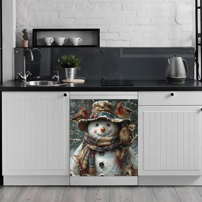 Generic Snowman Dishwasher Magnet Face Cover, Magnetic Dishwasher Decorative Winter Christmas Stickers,Birds and Squirrels Magnetic Dishwasher Decals,Fridge Door Cover,23Wx26H