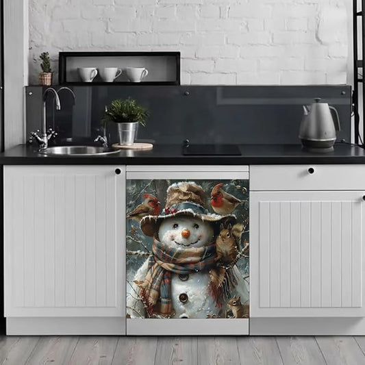 Generic Snowman Dishwasher Magnet Face Cover, Magnetic Dishwasher Decorative Winter Christmas Stickers,Birds and Squirrels Magnetic Dishwasher Decals,Fridge Door Cover,23Wx26H