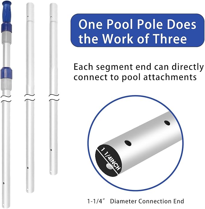 Poolvio 15 FT Telescopic Pool Pole - Adjustable 3 Piece Aluminum Pool Skimmer Pole for Pool Cleaning Skimmer Nets Vacuum Heads & Brushes, Strong Grip & Lock