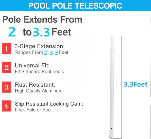 Pool Rod - Professional 3.3-Foot Telescopic Pool Cleaning Rod, Adjustable Telescopic Rod, Used for Cleaning Nets, Brushes, Vacuum Heads