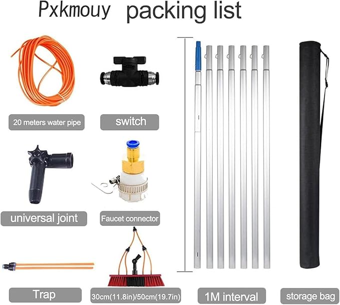 Window Cleaning Telescopic Pole Window Cleaning Kit, Window Cleaning Water Fed Poles Roof Cleaning Tools with 20M Water Supply Pipe, Solar Panel Cleaning Brush(50cm haed,18FT/5.4M)