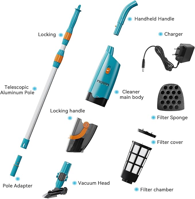 LVKE L2 Cordless Handheld Pool Vacuum for Above Ground Pool with Telescopic Pole, 30W Strong Suction, 1H Runtime, High-Efficiency Screen & Fine Sponge Trap Leaves & Grit Ideal for Pool Cleaning, Blue
