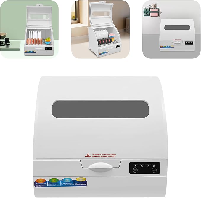Portable Countertop Dishwasher, 4 Washing Programs Neutral Freestanding Dishwasher with 9L Built-in Water Tank, 1200W 360° Spraying Water Compact Dishwasher for Homes (1200W All White)