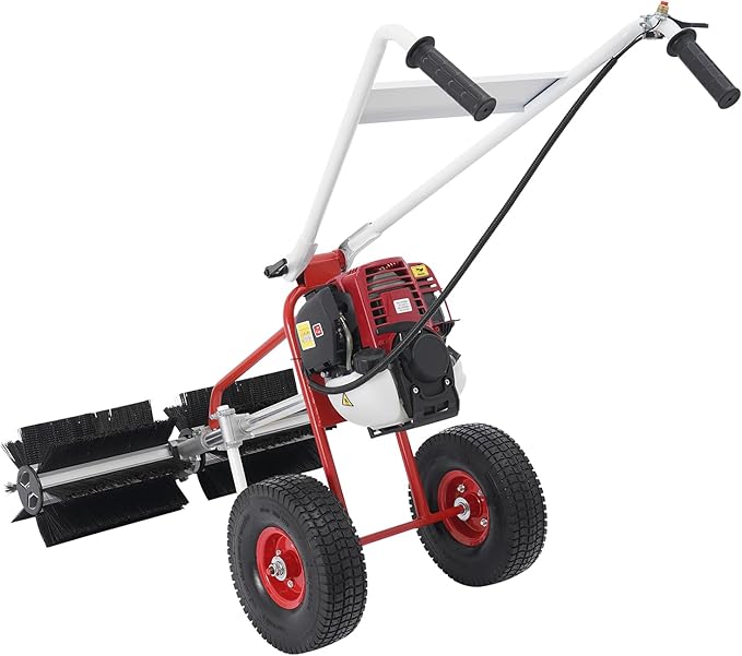 Gas Powered Walk-Behind Outdoor Lawn Brush Sweeper, 4-Stroke Gasoline Engine Lawn Sweeper, 23.62" Hand Push Sweeper Lawns Cleaning Tools for Artificial Lawns, Pathways, Driveways