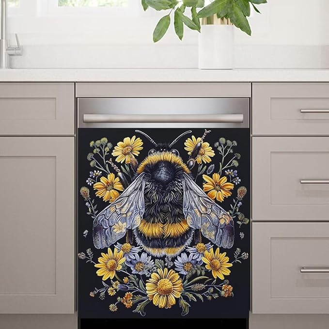 Flower and Bee Painting Dishwasher Magnet Cover Sticekr,Refrigerator Magnet Cover Decal Fridge Microwave Stickers Kitchen Decor,23W x 17H inchs