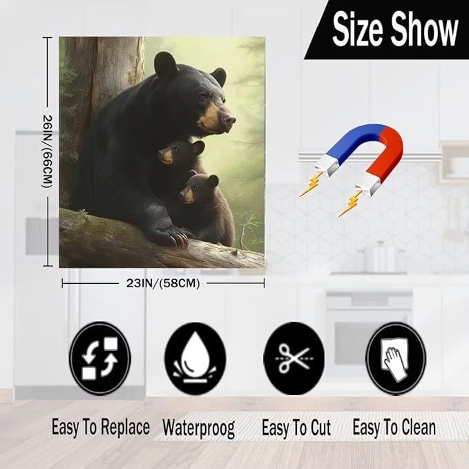 Forest Animal Bears Kitchen Dishwasher Cover Decoration, Mother Bear with Two Cubs Dishwasher Panel Decal, Black Bear Refrigerator Front Door Cover 23" x 26" Ordinary