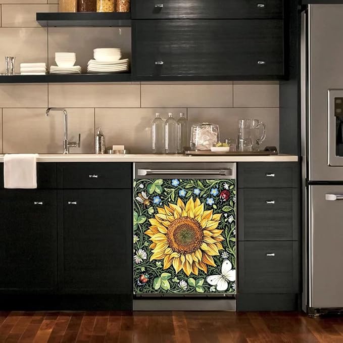 Sunflower Dishwasher Decorative Cover, Home Kitchen Dishwasher Decal Floral Refrigerator Cover Decals, Ordinary 23"x26"INCH