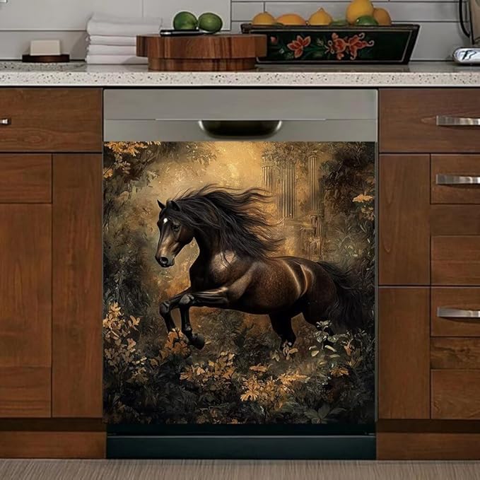 Black Horse Kitchen Decor Dishwasher Magnet Cover Decal, Rustic Magnetic Dish Washer Panel Door Vinyl Sticker, Refrigerator Magnets,Easy to Clean, 23 x 26 inch