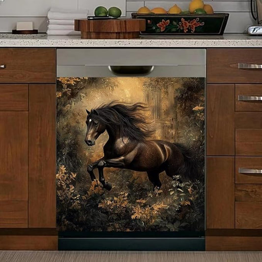 Black Horse Kitchen Decor Dishwasher Magnet Cover Decal, Rustic Magnetic Dish Washer Panel Door Vinyl Sticker, Refrigerator Magnets,Easy to Clean, 23 x 26 inch