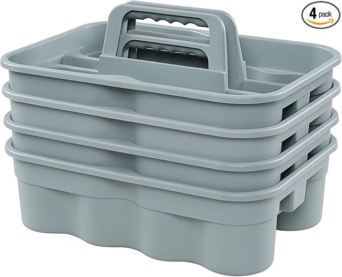 4 Packs Commercial Products Deluxe Carry Caddy, Plastic Cleaning Supplies Caddy with Handle, Gray