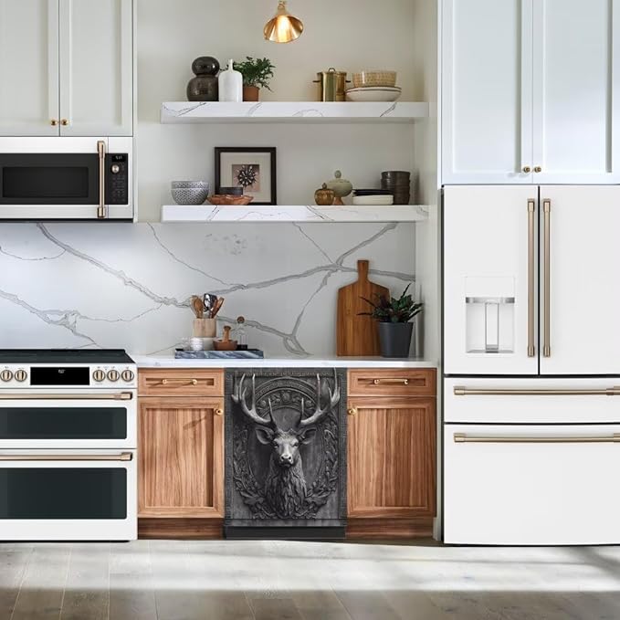 3D Deer Head Dishwasher Magnetic Full Door Sticker, Gray Stone Flower Carving Magnet Refrigerator Cover for Home Appliance, Animal Deer Vinyl Decal for Dishwasher (23" x 26" Magnetic)