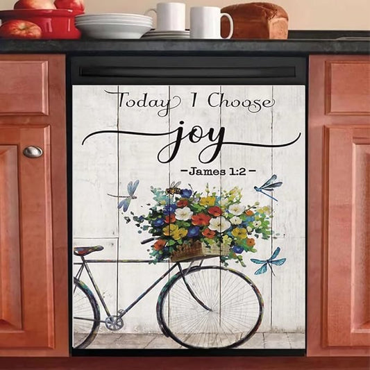 Today I Choose Joy Dishwasher Magnet Decal,Butterfly Flower Dishwasher Front Door Cover Kitchen Decor,Bike Floral Fridge Magnet Sticker,Inspring Quote Home Appliance Panel Decal 23"x26"
