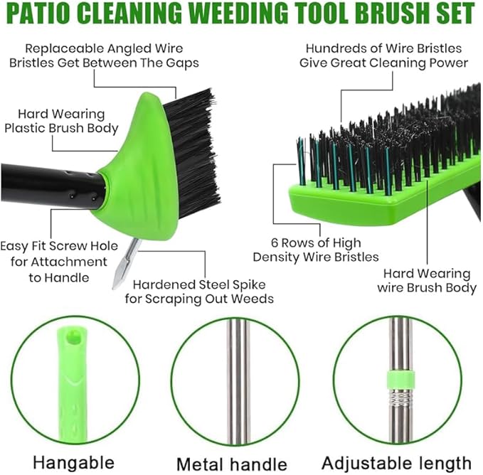 3-in-1 Weed Brush Tool Set, Adjustable Long Handle Crack Weeder & Moss Remover for Driveway, Patio, Sidewalk - Stainless Steel Crevice Cleaning Kit (3 Sets)