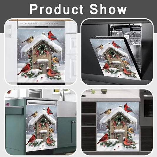 Winter Birds Dishwasher Cover Skin Panel Decal Christmas Decorated Birdhouse Fridge Door Cover Winter Snow Scene Vinyl Sticker for Dishwasher, 23 in x26 in Ordinary