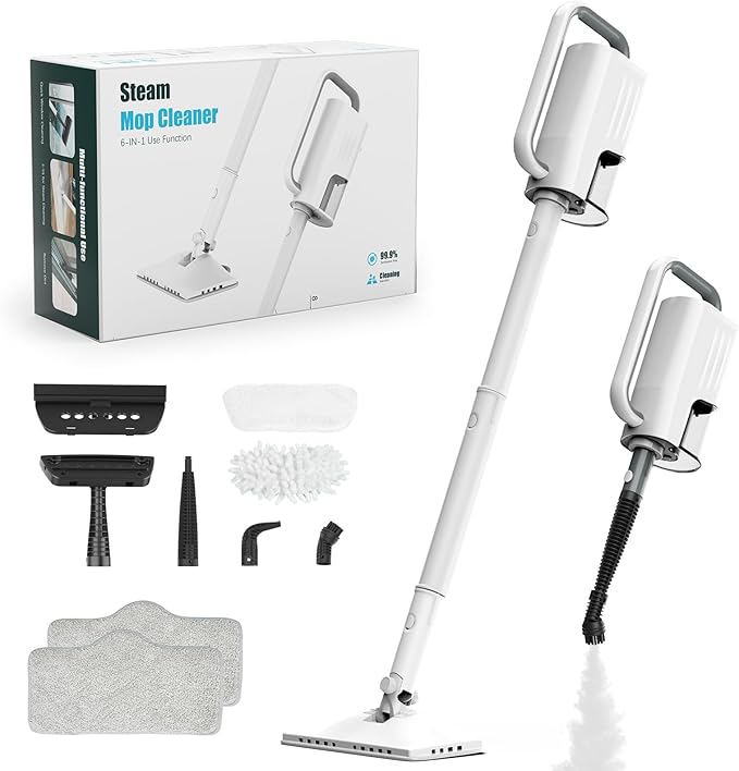 6-in-1 Steam Mop, 1200W Rotated Steam Cleaner for Home, 2 Modes, 400ML Removable Tank, 23FT Power Cord, 2 Pads, Multi-Surface Steamer for Hard Floor, Laminate Floor, Tiles Cleaning (Stone White)