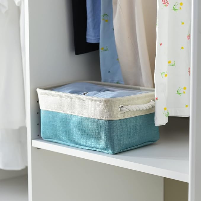 TheWarmHome Fabric Storage Bin with Handles,Storage Basket for Home Storage and Organization, Shelf Basket with Cover for Living Room Bedroom Decor Closet???White & Green,Small ,11.8L??7.9W??5.2H