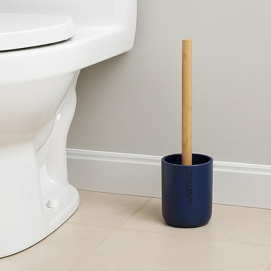 Compact Navy Blue Toilet Brush and Holder Set with Natural Bamboo Handle - Durable Toilet Bowl Brush for Deep Bathroom Cleaning