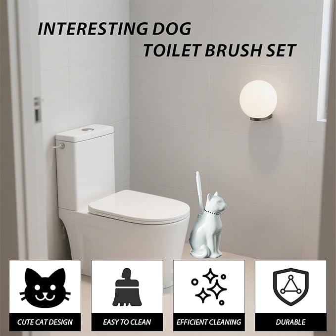 Comeon Ceramic Cat White/Black Toilet Brush and Holder Set, Plastic Handled Scrub Brush for Bathroom Cleaning,10.63"*6.3" (White)
