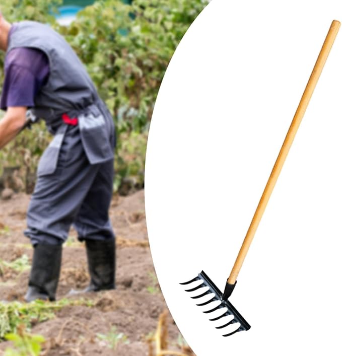 Garden Tool for Soil Preparation Wooden Handle Rake for Flower Beds, 8 Teeth 26x12x10cm