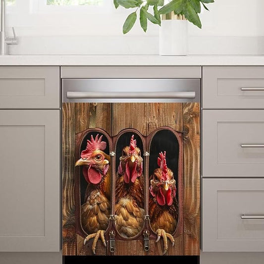 Wood Board and Rooster Painting Dishwasher Magnet Cover Sticker Magnetic Refrigerator Panel Sticker Decorative Front Door Decal 23W x 17H inchs