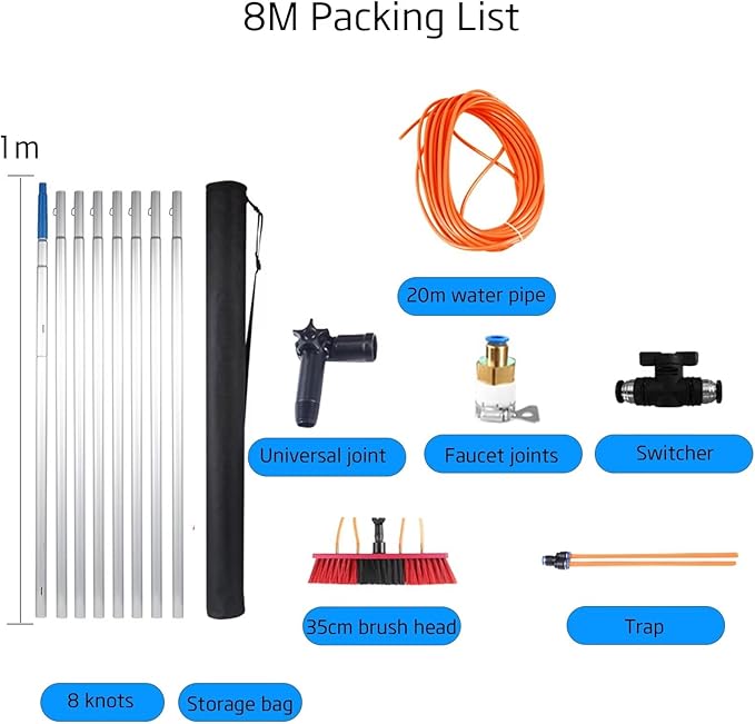 Telescopic Brush,Solar Panel Cleaning Brush and Pole extendable Window Cleaning kit Water Fed Extendable Brush Roof Cleaning Tools Conservatory 8poles 35brush Head
