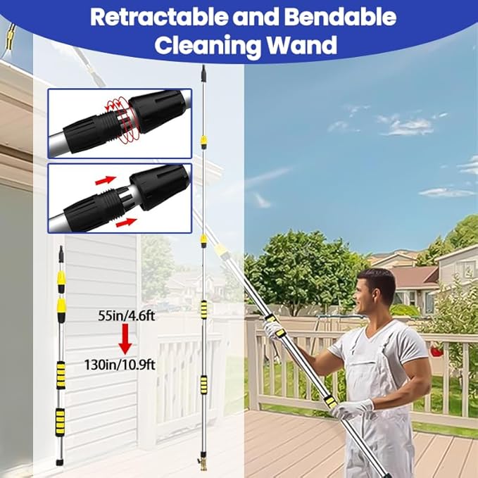 25FT Reach Telescopic Gutter Cleaning Tools from Ground,11FT Rain Gutter Cleaners Tool for Clean Leaves and Debris,Long Reach Cleaning Wand with Hose Attachment and Connection Adapter