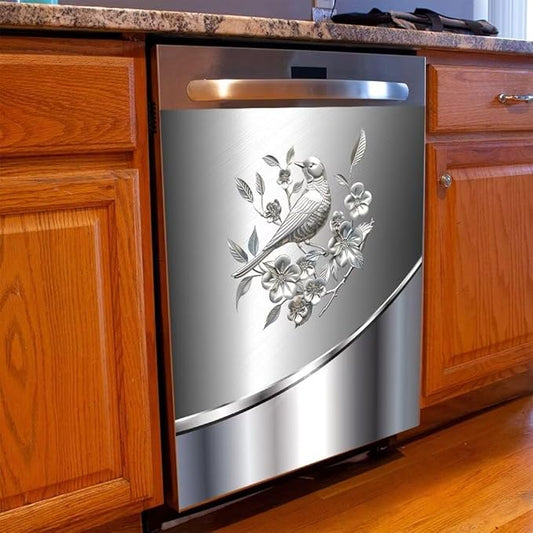 Stainless Steel Design Bird and Flower Pattern Sweet Home Dishwasher Magnetic Sticker,Refrigerator Magnets Kitchen Decorative,Fridge Magnetic Panel Decal for Home Appliance 23W x 26H inchs