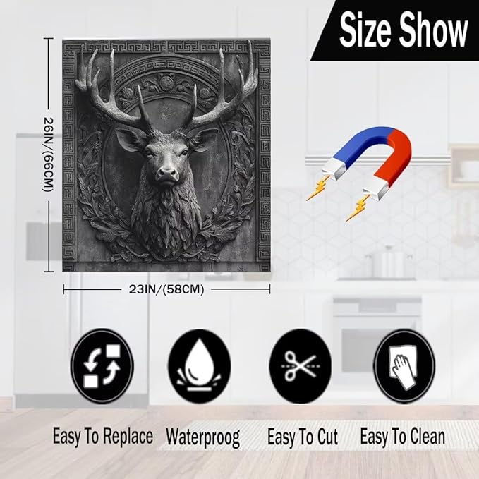 3D Deer Head Dishwasher Magnetic Full Door Sticker, Gray Stone Flower Carving Magnet Refrigerator Cover for Home Appliance, Animal Deer Vinyl Decal for Dishwasher (23" x 26" Magnetic)
