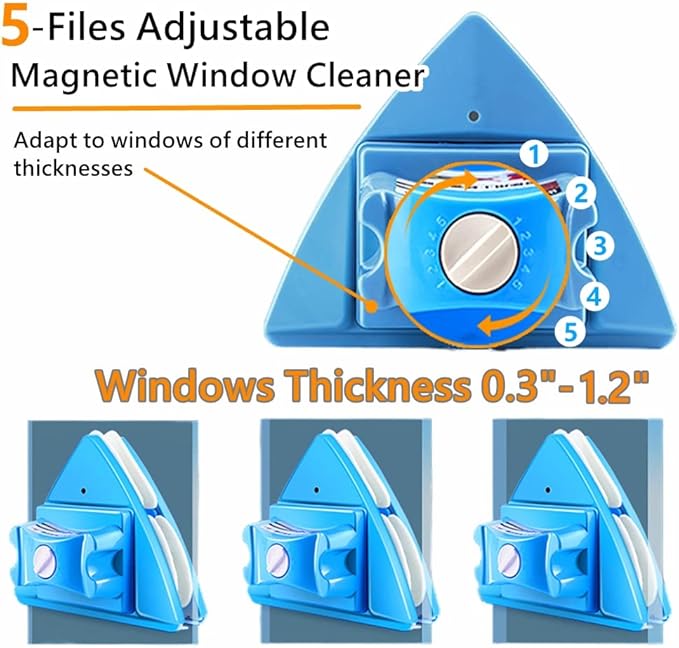 Double-sided Window Cleaner Glass Wiper Magnetic Cleaning Tools, 5-Gears Adjustable Magnetic Glider Washing Brush Tools, for High-Rise Double Car Glazed Windows Thickness 0.3"-1.2" (Blue)