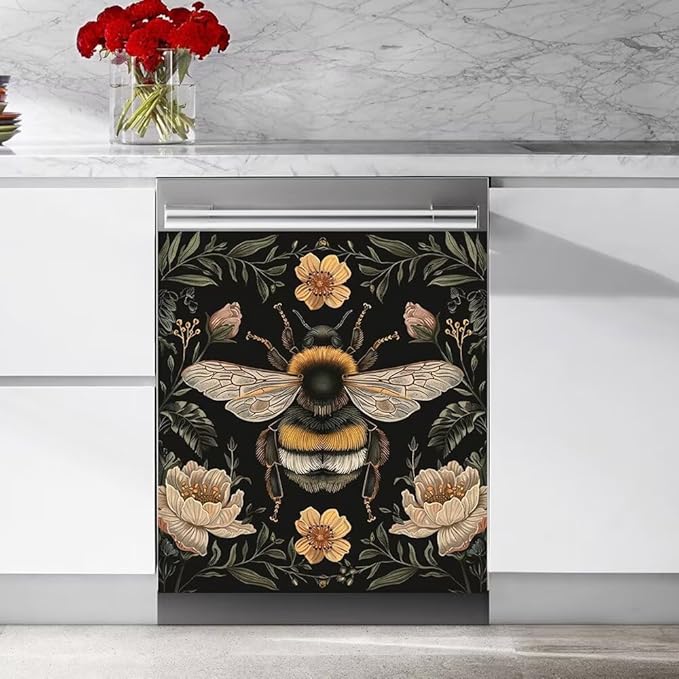 Flower and Bee Wallpaper Dishwasher Magnetic Cover Sticker Magnetic Refrigerator Full Door Cover Sticker Kitchen Decor Panel Decal 23W x 17H inchs