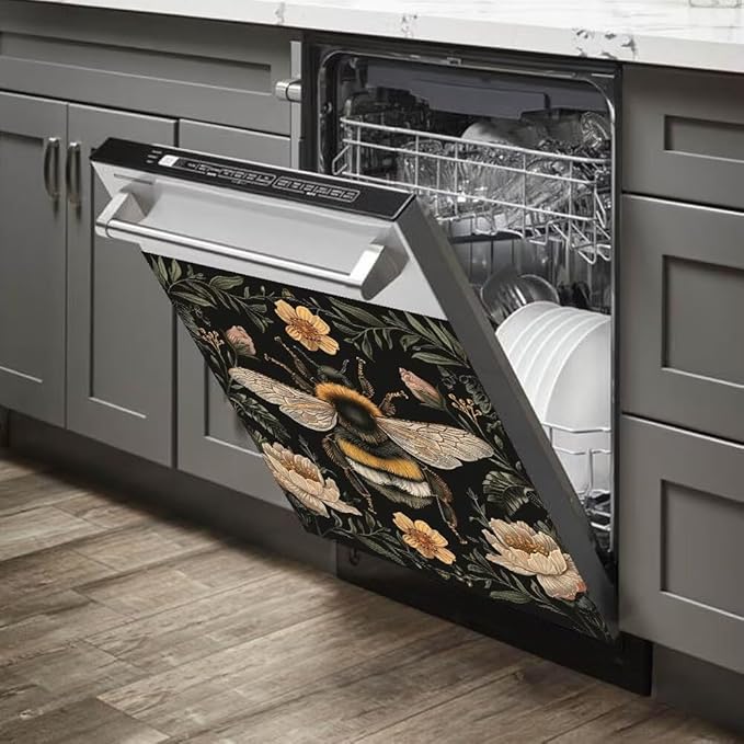 Flower and Bee Wallpaper Dishwasher Magnetic Cover Sticker Magnetic Refrigerator Full Door Cover Sticker Kitchen Decor Panel Decal 23W x 17H inchs