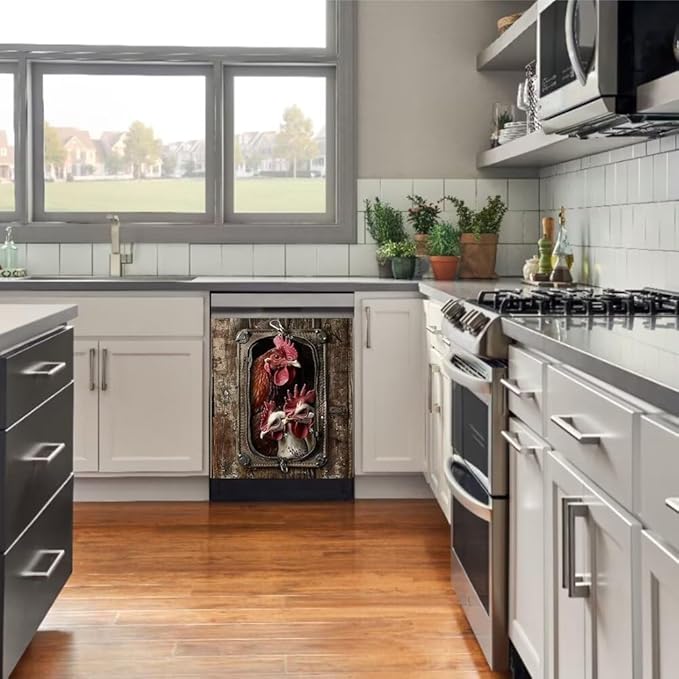Appliance Art Wood Board and Rooster Wallpaper Dishwasher Cover, Magnetic Panel Decals, Home Appliances Cabinet Magnets Sticker, 23W x 26H inchs