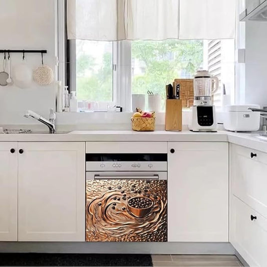 Coffee Copper Relief Effect Dishwasher Magnetic Cover for Door Front 23x17 Inch Dish Washer Magnet Panel Decal for Fridge Home Appliance Kitchen Decoration