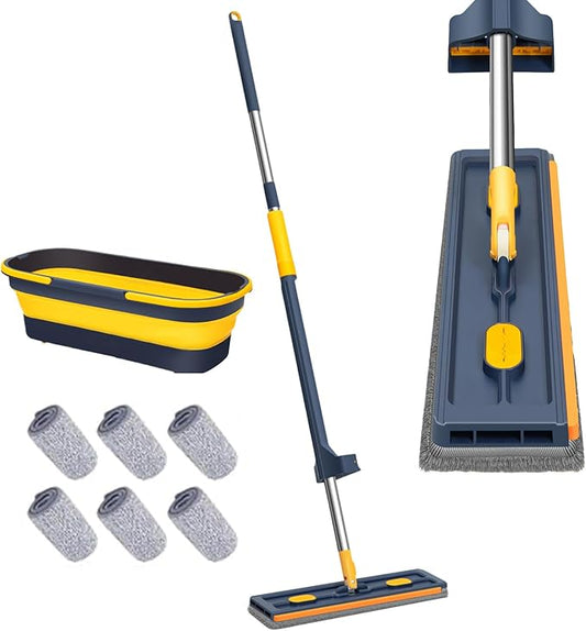 Flat Mop - Household Floor Cleaning System, Extra Wide with Extendable Handle for Hardwood Tile Vinyl, Reusable Microfiber Pads with 360° Rotation, Multi Tool for Home Garage Office Blue