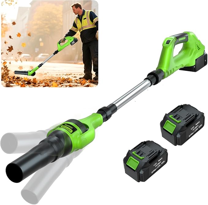 Leaf Blower Cordless, 21V Electric Leaf Blower Cordless with 2 Batteries, Adjustable 300° Multi-Angle Rotation Nozzle 3 Speed Modes 500CFM/180MPH for Lawn Care, Patio, Dust, Leaves, Yard, Car, Gutter