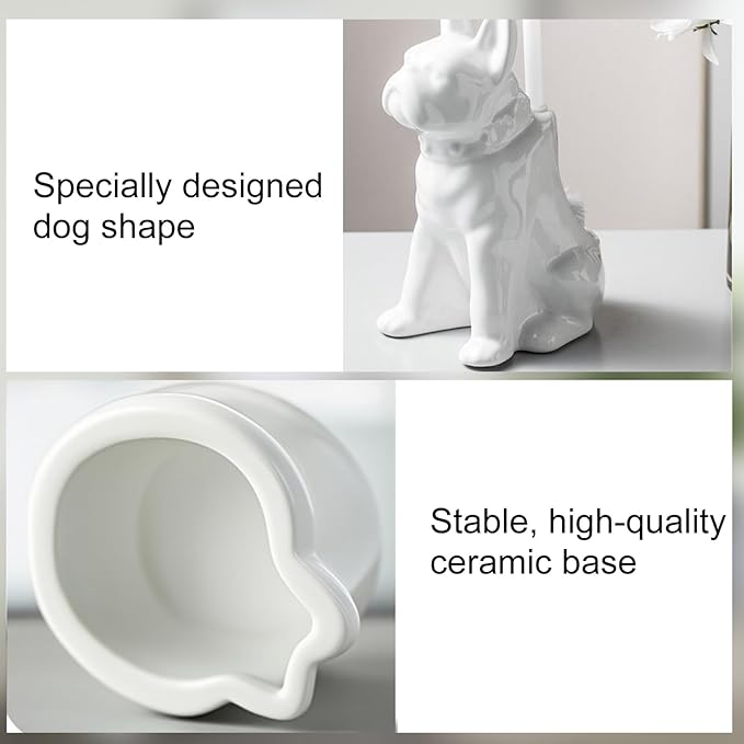 Comeon Ceramic Dog White/Black Toilet Brush and Holder Set, Plastic Handled Scrub Brush for Bathroom Cleaning,13.7"*6.3" (White)