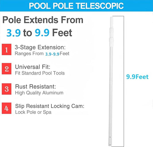 Pool Pole- Professional 9-Foot Telescopic Pool Cleaning Rod,Pool Rod Adjustable Telescopic Rod, Used for Cleaning Nets, Brushes, Vacuum Heads (9-feet)