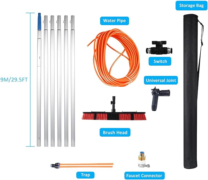 Window cleaning pole 3~12m extendable window cleaning kit window cleaning pole steel buckle fixing, easy to install,with 20m water supply hose 50cm water hole large brush head Roof Cleaning Tools