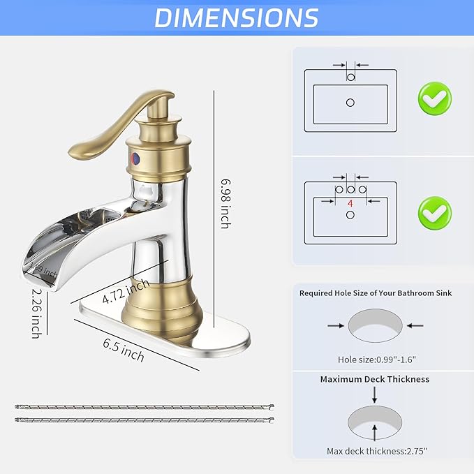 BWE Bathroom Faucet Waterfall Single Handle Chrome and Gold Vanity with Pop Up Drain Stopper with Overflow One Hole Lever Bath Sink Basin Restroom Mixer Tap Commercial Supply Line