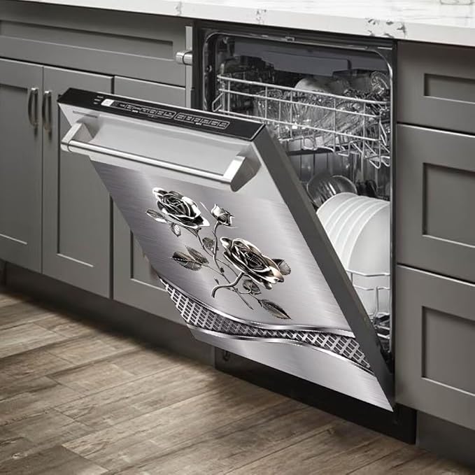 Imitation Stainless Steel Design Flower Pattern Magnet Dishwasher Cover Sticker,Kitchen Decor Refrigerator Magnets Decorative Fridge Magnetic Decal Vinyl Panel 23Wx17H inch