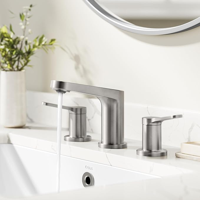 KRAUS Indy Widespread Bathroom Faucet in Spot-Free Brushed Nickel with 2 Handles, Pop Up Drain and Supply Lines, FUS-14103SFBN