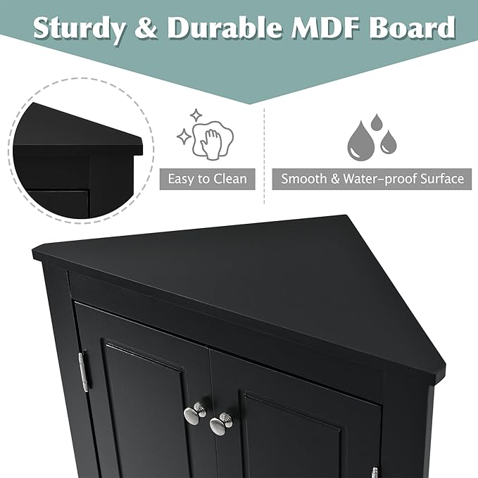 Corner Storage Cabinet with Adjustable Shelves, Triangle Bathroom & Kitchen Organizer, Freestanding Floor Cabinet for Toilet Kitchen Bathroom Cleaning Supplies (Black)
