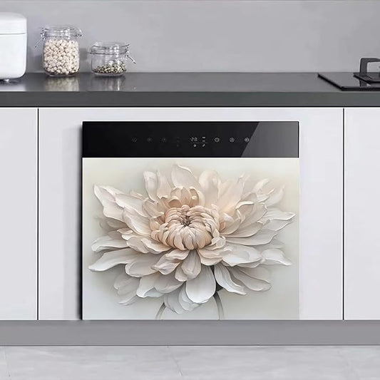 White Flower Reusable Dishwasher Cover, 23' x 17' Decal for Front Panel, Magnet Cover, Appliance Wrap Skin