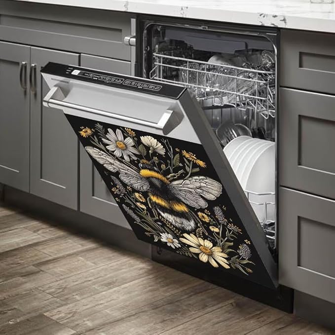 Flower and Bee Pattern Dishwasher Magnet Cover Sticekr,Refrigerator Magnet Cover Decal Fridge Microwave Stickers Kitchen Decor,23W x 17H inchs