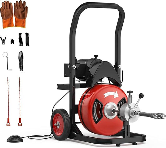 100Ft 1/2 Inch Drain Cleaning Machine, 450W Portable Drain Cleaning Machine Auto Feed Electric Sewer Snake, Electric Drain Auger with 6 Cutter Air-Activated Foot Switch for 2" to 4" Pipes
