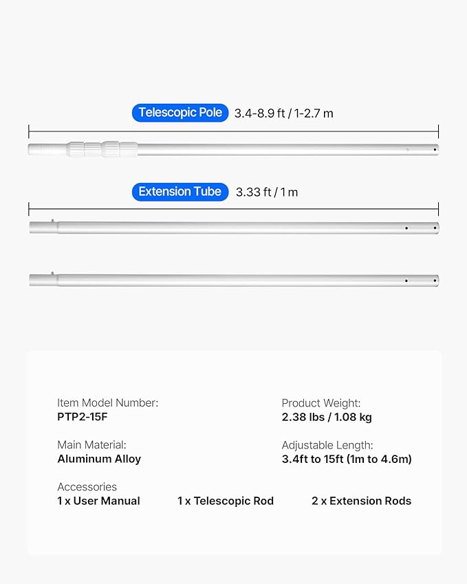 VEVOR Pool Pole, 3.4 to 15 Ft Telescoping Swimming Pool Cleaning Poles, Professional Adjustable Telescopic Pole with 2 Extension Poles, Heavy Duty Cleaner Stick for Skimmer Net, Brush, Vacuum Head