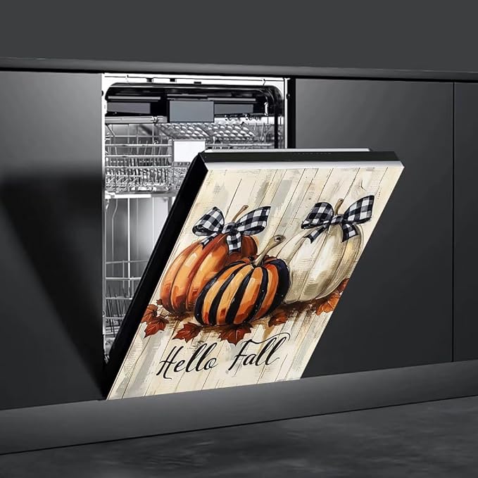 Generic Pumpkin and Maple Leaves on Rustic Wood Boards Dishwasher Face Cover Magnetic,Magnetic Dishwasher Decorative Hello Fall Stickers,Magnetic Dishwasher Sticker,Fridge Door Cover,23Wx26H