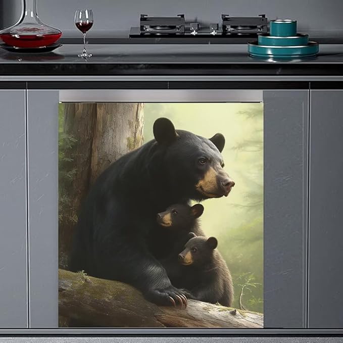 Forest Animal Bears Kitchen Dishwasher Cover Decoration, Mother Bear with Two Cubs Dishwasher Panel Decal, Black Bear Refrigerator Front Door Cover 23" x 26" Ordinary