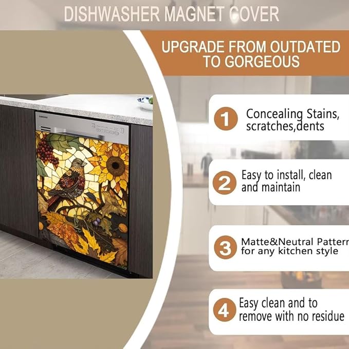 Stained Glass Bird Dishwasher Door Panel Decal Magnet Cover, Stained Glass Art Magnet Dishwasher Full Door Cover Sunflower Grape Refrigerator Magnetic Sticker - 23" W x 26" H Magnetic