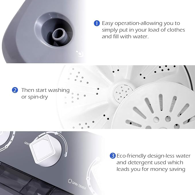 Giantex Portable Washing Machine, 20lbs Capacity, 12lbs Washer and 8lbs Spinner, Compact for Apartment RV, Gray & White, GX20313-PE